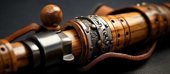 A closeup shot of a wooden vintage kris with sheath isolated on a white background