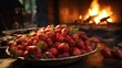 A bowl of strawberries sitting on a table in front of a fireplace