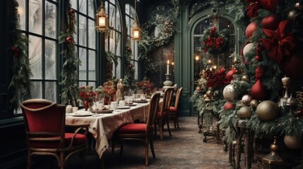 A dining room decorated for christmas with red and gold decorations