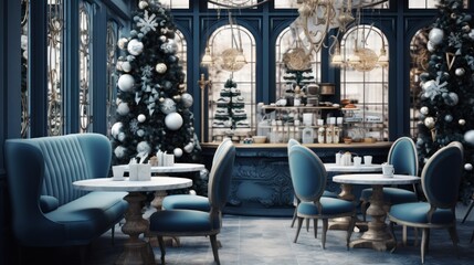 A dining room with blue chairs and a christmas tree