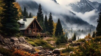 Poster - A cabin in the mountains surrounded by trees