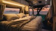Interior of motor home camping car, furnishing decor of cozy bedroom. Generative AI.