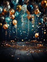 Vetrical Background Image With Blue And Gold Colored Balloons Floating With Ribbons Hanging And Confetti Scattered On A Wood Plank Floor