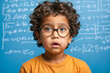 A curious young child with curly hair and round glasses standing in front of a chalkboard filled with mathematical equations.