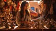Young traveling woman visiting a copper souvenir handicraft shop in Marrakesh, Morocco