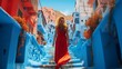 Young woman with red dress visiting the blue city Chefchaouen, Marocco - Happy tourist walking in Moroccan city