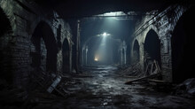 Dark Spooky Underground Tunnel, Old Abandoned Industrial Dungeon With Low Lights. Perspective View Of Scary Dirty Passage, Vintage Stone Cellar. Concept Of Grunge, Horror, Building
