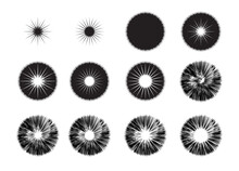 Collection Of Black Stars And Circular Black Radial Lines. Blast Attack In All Directions. Design That Imitates A Star Explosion. Vector Illustration Isolated On Transparent Background