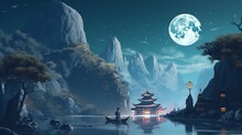 Chinese River Some Houses On Banks Sky Moon Painting Ai Generated Art