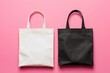 Two tote bags on a pink background