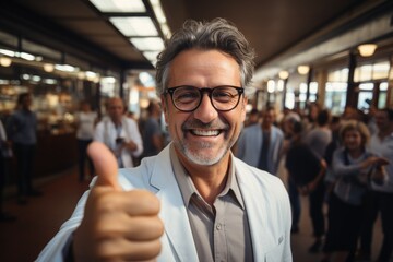 Wall Mural - A doctor in a white medical uniform, a successful, intelligent, seasoned, positive one with a smile on his face, conducts an appointment, an experienced doctor in a hospital clinic