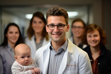 Wall Mural - A doctor in a white medical uniform, a successful, intelligent, seasoned, positive one with a smile on his face, conducts an appointment, an experienced doctor in a hospital clinic