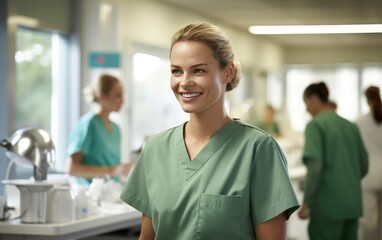 Wall Mural - A female nurse wearing green scrubs smiling at a patient behind a counter in a bright medical laboratory