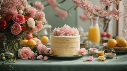 Wall Mural - table with flowers, cake and fruits