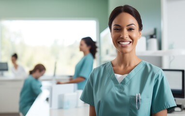 Wall Mural - A female nurse wearing green scrubs smiling at a patient behind a counter in a bright medical laboratory