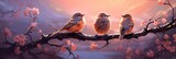 Fototapeta  - Trzy puszyste ptaszki siedzące na kwitnącej gałęzi. 