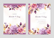 Pink and purple violet rose set of wedding invitation template with shapes and flower floral border