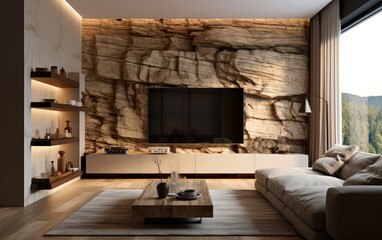 Wall Mural - A corner of the living room with beige sofa, wooden flooring and the TV embedded in the rock panel