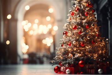Close up of baubles on christmas tree with bokeh garlands in the background. New Year concept.