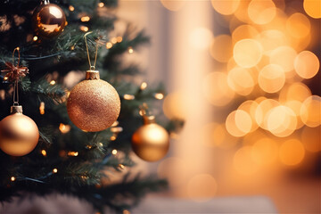 Close up of baubles on christmas tree with bokeh garlands in the background. New Year concept.