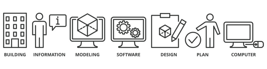 BIM banner web icon vector illustration concept for building information modeling with icon of building, information, modeling, software, design, plan, and computer