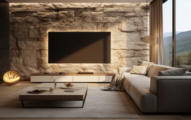 Wall Mural - A corner of the living room with beige sofa, wooden flooring and the TV embedded in the rock panel