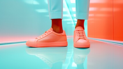 Canvas Print - A woman wearing pink sneakers stands in front of a colorful background, AI