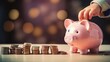 Securing Tomorrow: Child Deposits Coins into Pink Piggy Bank. Generative ai