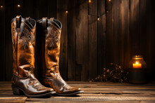 Brown Leather Cowboy Boots In Wooden Barn Interior