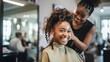 Laughter in the Salon: African American Girl and Hairdresser Share a Joyful Moment. Generative ai