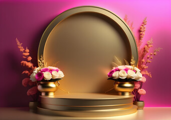 Luxury gold Asian podium to display your product with flowers.  AI Generative