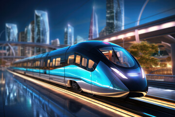 Poster - a high-speed train entering a futuristic train station, symbolizing the concept of rail transportati