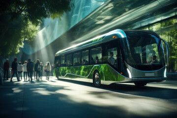 Wall Mural - a group of passengers boarding a modern, low-emission city bus, representing the concept of eco-frie