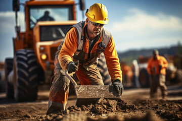 Poster - a construction worker operating heavy machinery at a road construction site, portraying the concept 
