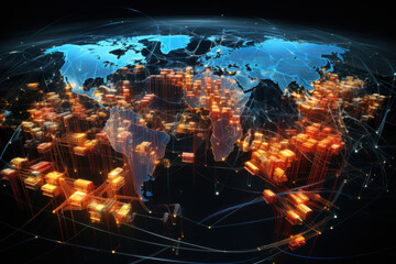 Poster - An intricate network of global value chains connecting manufacturers, suppliers, and distributors across borders. Concept of international trade and supply chains. Generative Ai.