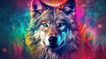 Colorful Horned Howling Wolf Head Psychedelic Background Photography Image AI Generated Art