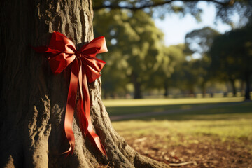 Poster - a red ribbon tied to a tree in a public park. concept of community involvement and recognition. gene