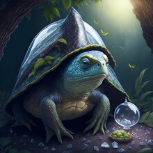 AI Generated Illustration Of A Magical Turtle Among Foliage