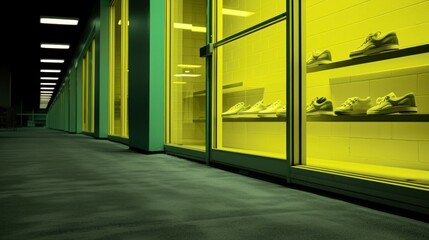 Canvas Print - A hallway with yellow and green lights, AI