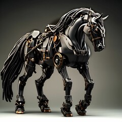 Wall Mural - AI generated illustration of a mechanical sculpture of a horse, crafted from metal gears and parts