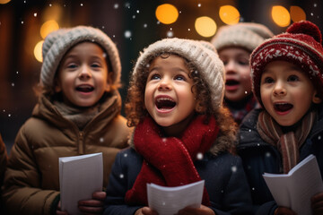 Poster - A group of children singing Old New Year's carols and going door-to-door for treats. Concept of youthful traditions and caroling. Generative Ai.