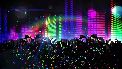 Wall Mural - Animation of party text and people dancing at party with lights on black background