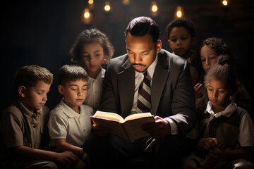 Poster - A teacher reading a book about Martin Luther King Jr. to a group of attentive children. Concept of youth education and role models. Generative Ai.