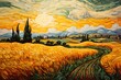 An Oil Painting Style Illustration of a Classic Landscape Artwork For Art Gallery or Stately Home in a Vincent Van Gogh Style Featuring Sun Hay Fields Hills Trees Countryside Swirl at Sunset Sunrise