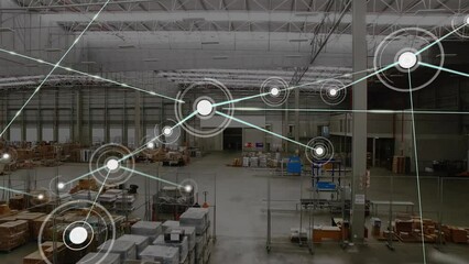 Poster - Animation of dots connected with lines over aerial view of goods in warehouse