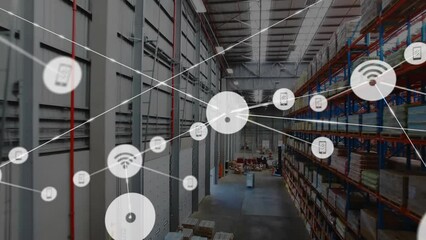 Poster - Animation of icons connected with lines over aerial view of warehouse