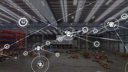 Poster - Animation of icons connected with lines over aerial view of warehouse