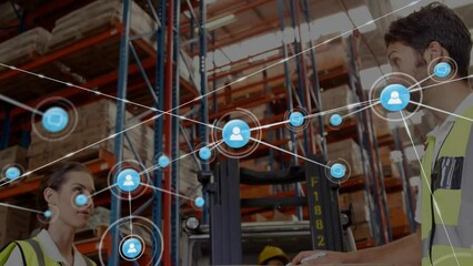Poster - Animation of connected icons over caucasian coworkers looking at box and discussing in warehouse