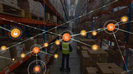 Poster - Animation of connected icons over workers with cardboard boxes using hoverboard in warehouse