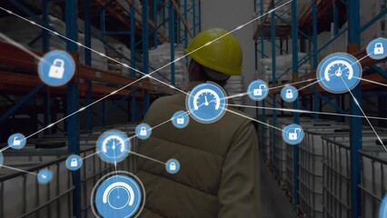 Poster - Animation of connected icons, biracial female worker pulling manual trolley in warehouse